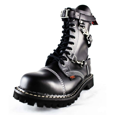 Angry Itch 10 Hole Black Leather Combat Boots 3 Strap Zip Army Ranger Boots