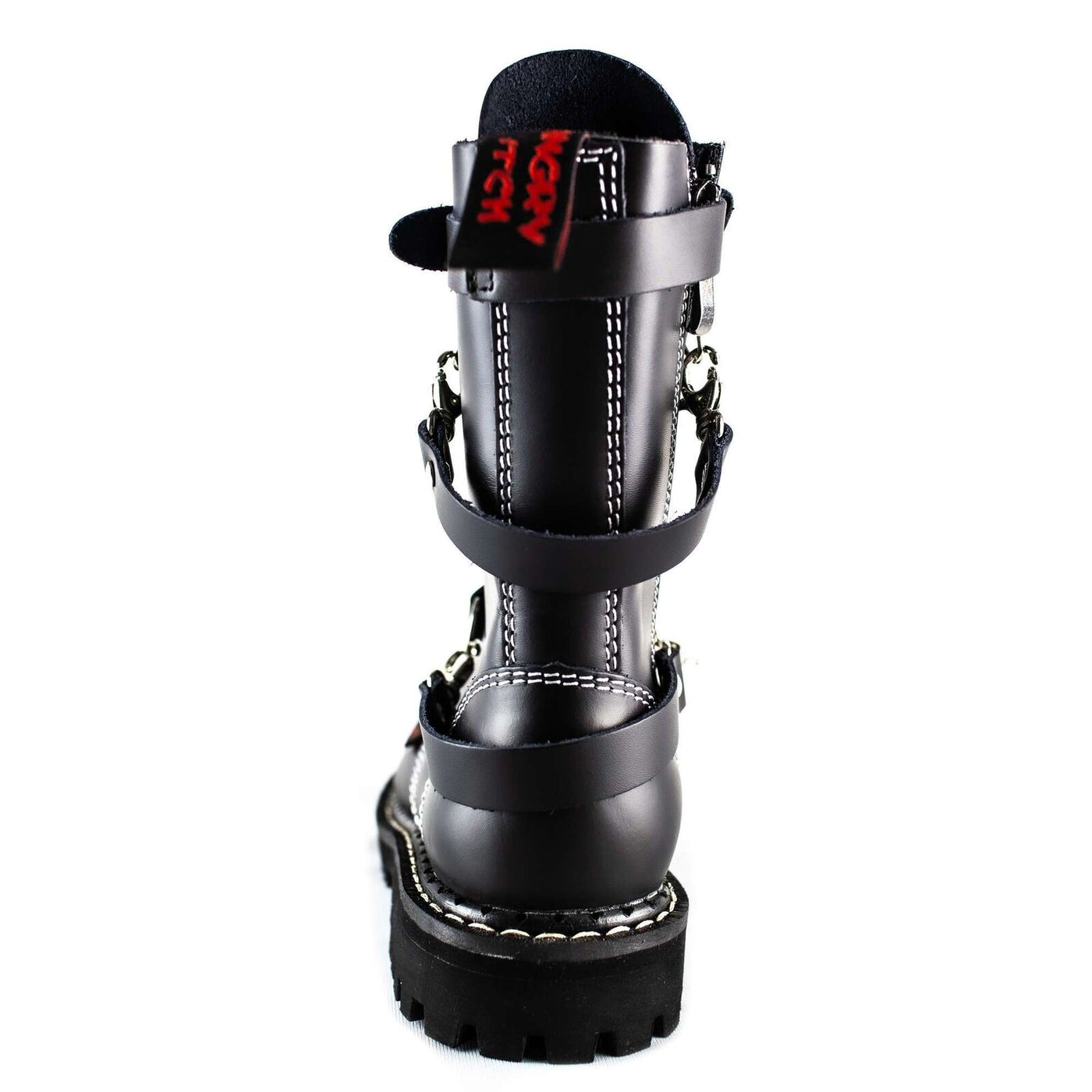 Angry Itch 10 Hole Black Leather Combat Boots 3 Strap Zip Army Ranger Boots Back