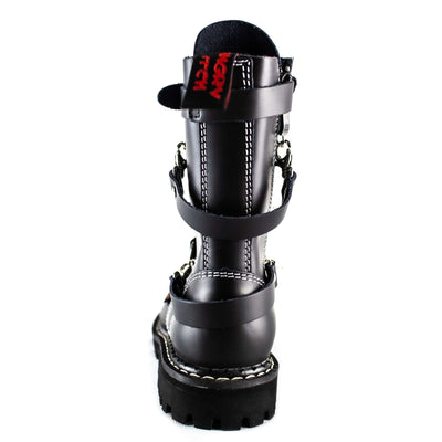 Angry Itch 10 Hole Black Leather Combat Boots 3 Strap Zip Army Ranger Boots Back