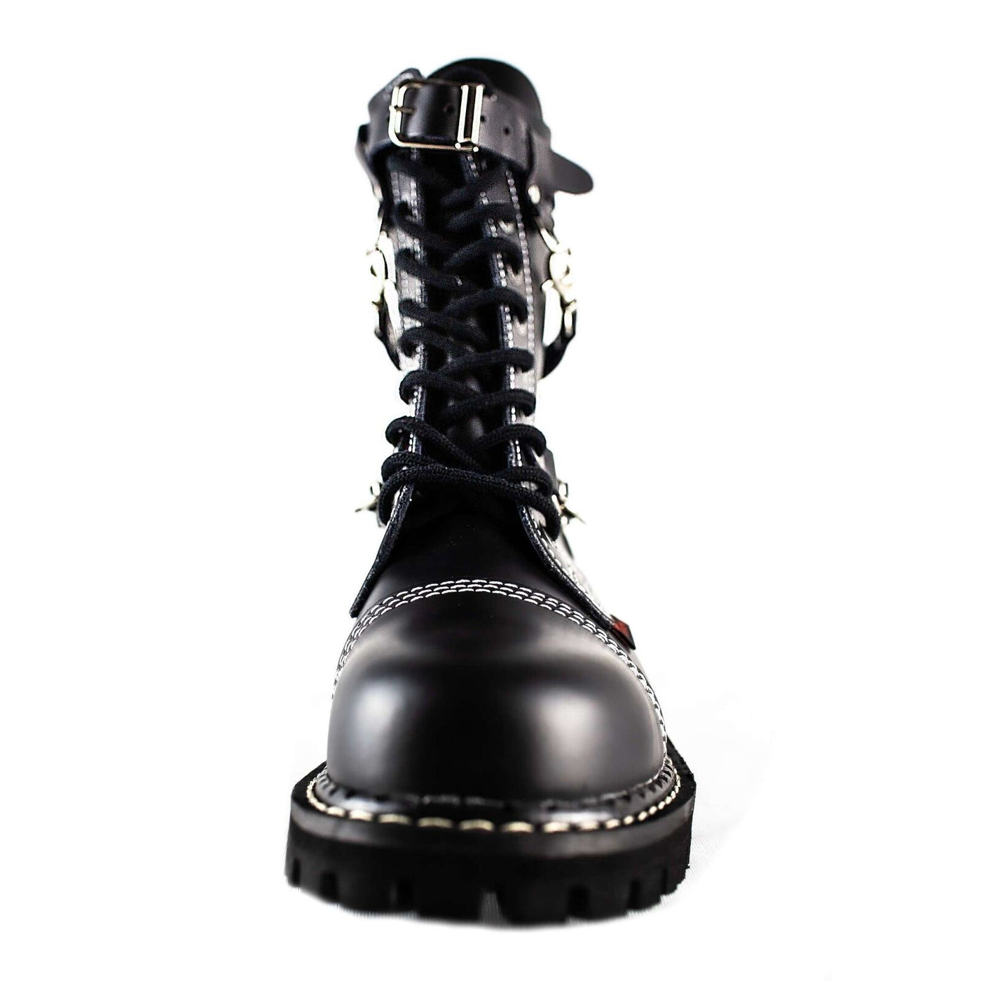 Angry Itch 10 Hole Black Leather Combat Boots 3 Strap Zip Army Ranger Boots Front