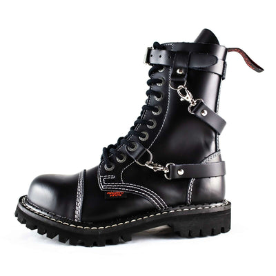 Angry Itch 10 Hole Black Leather Combat Boots 3 Strap Zip Army Ranger Boots Side