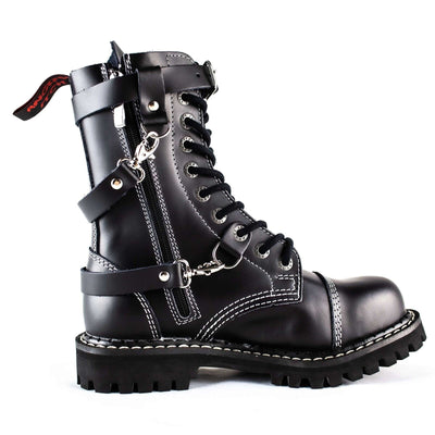 Angry Itch 10 Hole Black Leather Combat Boots 3 Strap Zip Army Ranger Boots right Side