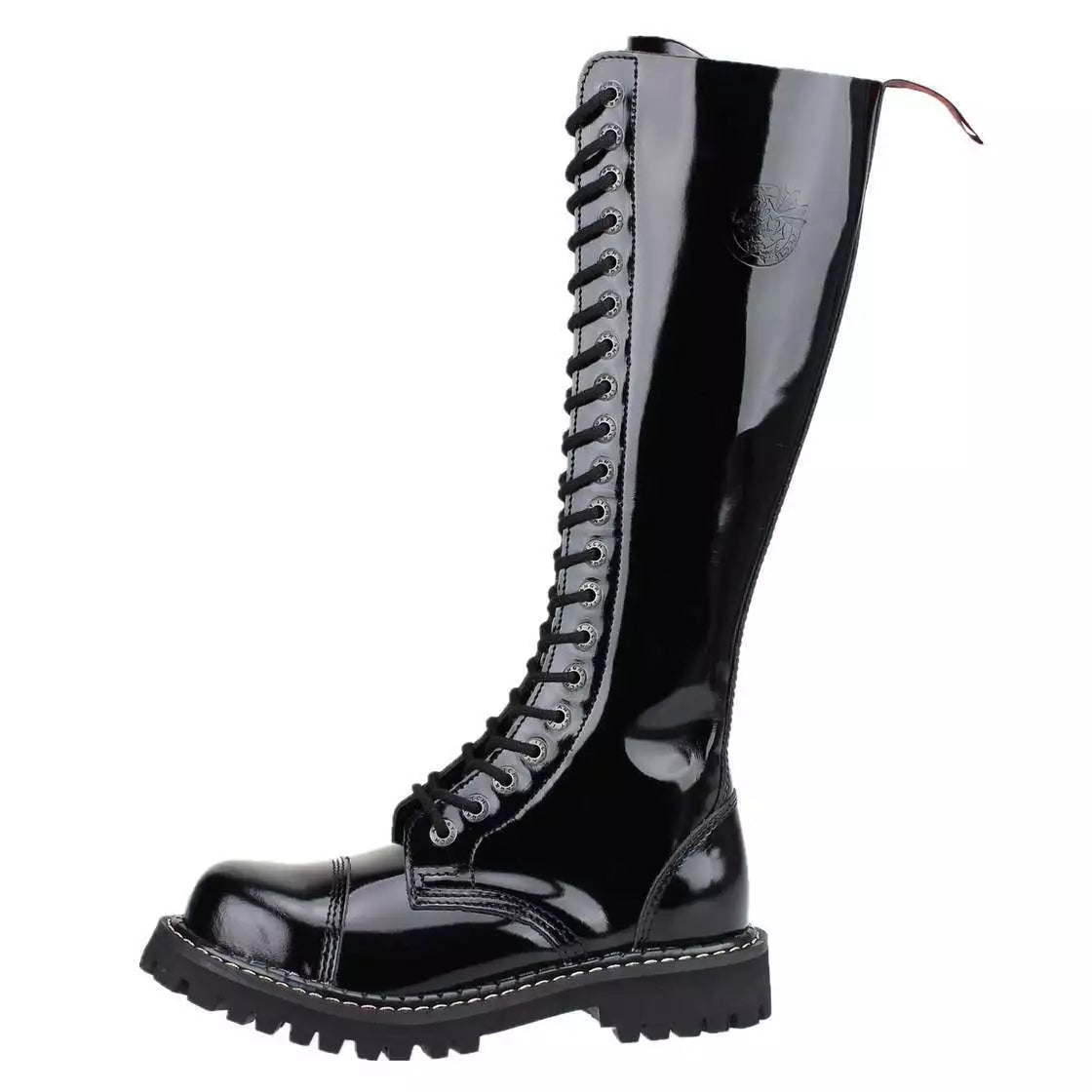 Angry Itch 20 Hole Combat Ranger Boots with Steel Toe Cap Black Patent Leather Left side