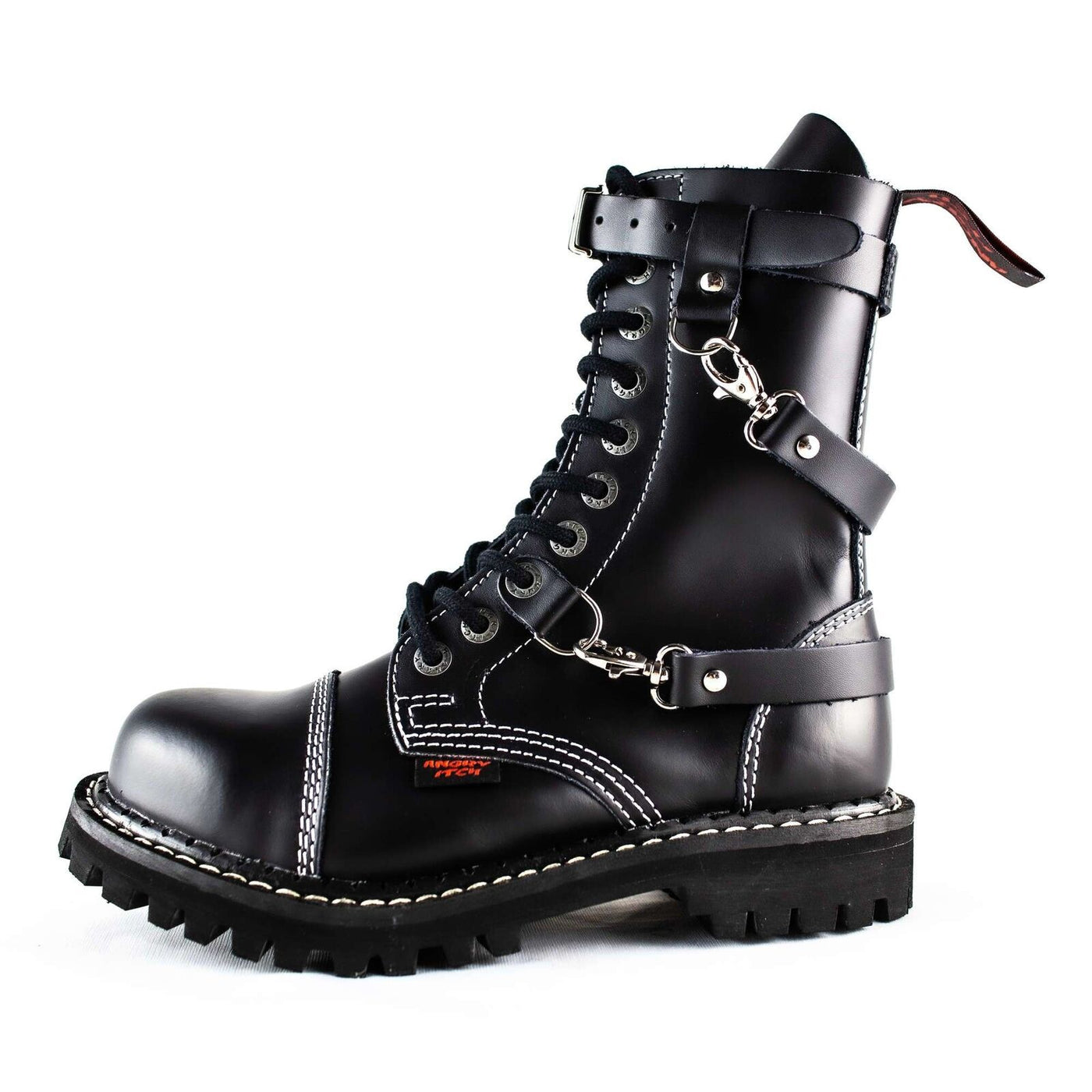 Angry Itch 10 Hole Black Leather Combat Boots 3 Strap Zip Army Ranger Steel Toe