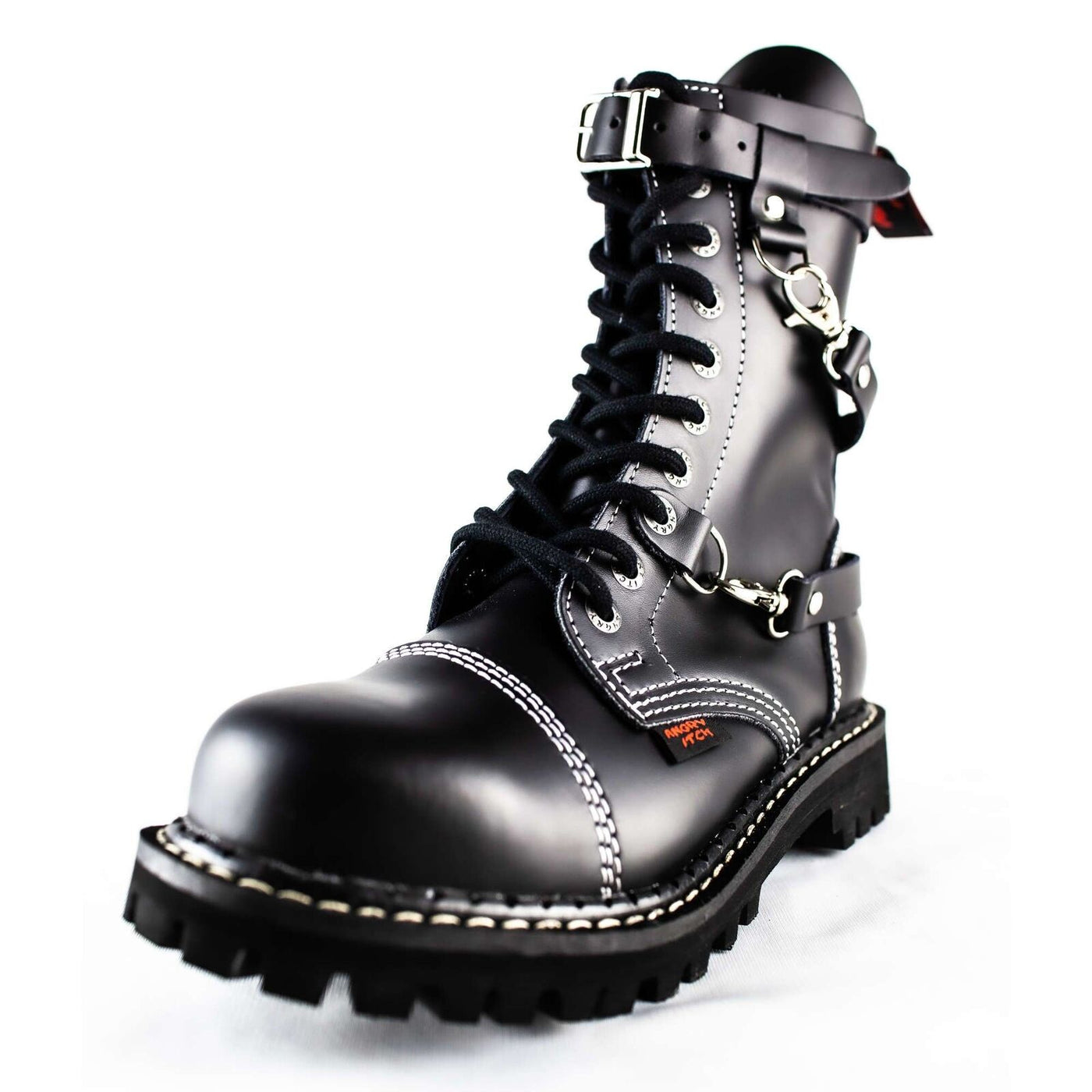Angry Itch 10 Hole Black Leather Combat Boots 3 Strap Zip Army Ranger Steel Toe