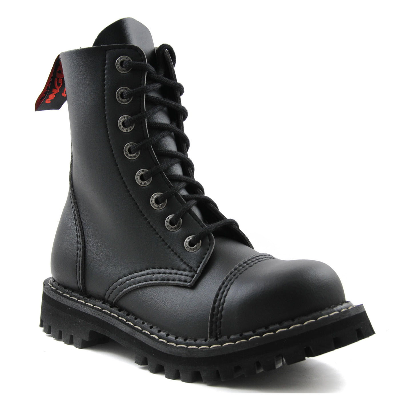 Angry Itch 8 Eyelet Boots with Steel Toe Cap Black PU Vegan Leather