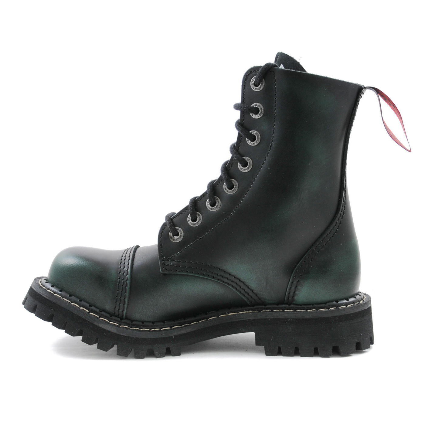 Angry Itch 8 Eyelet Boots with Steel Toe Cap Green Rub Off Leather