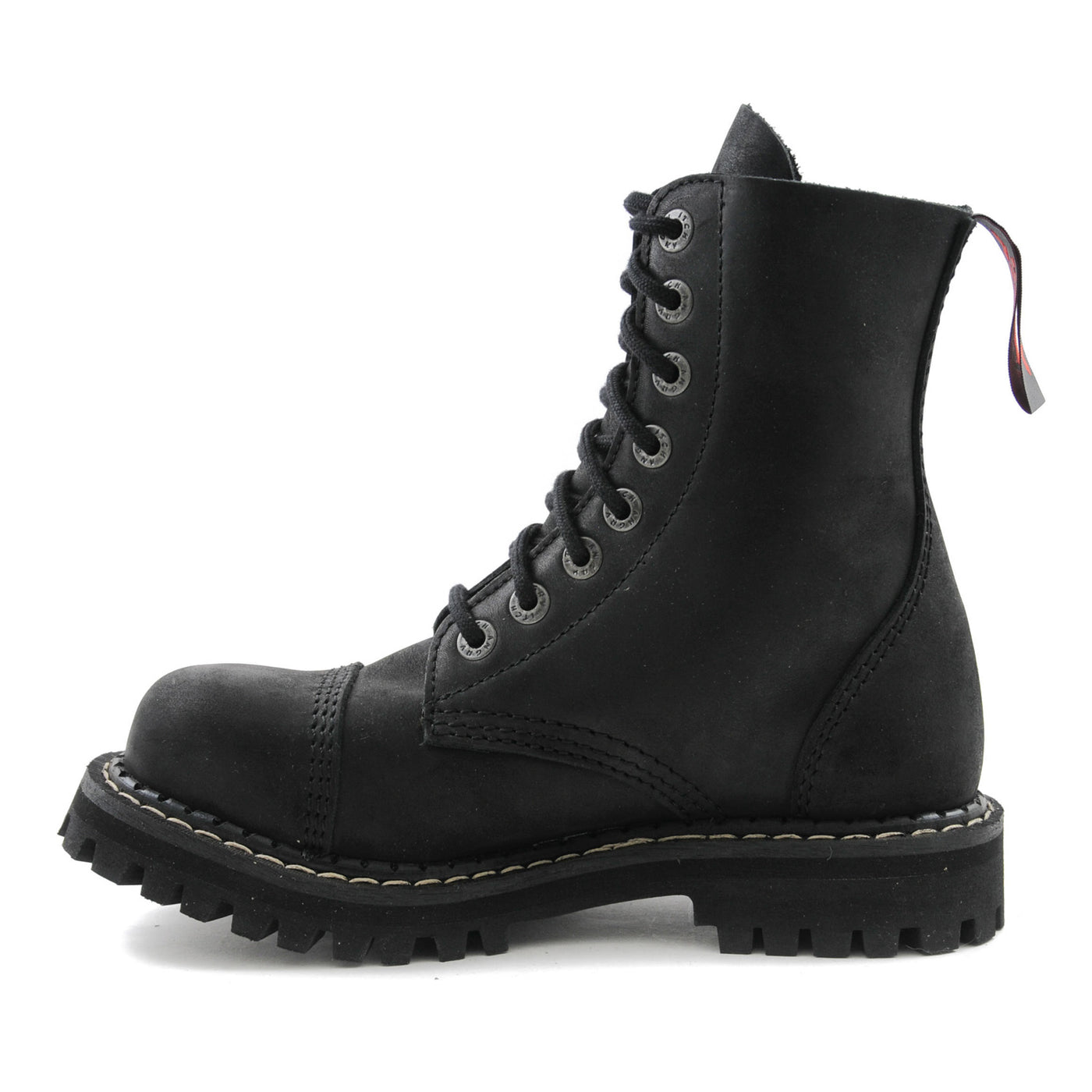 Angry Itch 8 Eyelet Boots with Steel Toe Cap Vintage Black Leather
