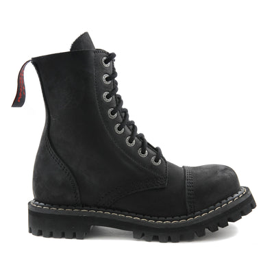 Angry Itch 8 Eyelet Boots with Steel Toe Cap Vintage Black Leather