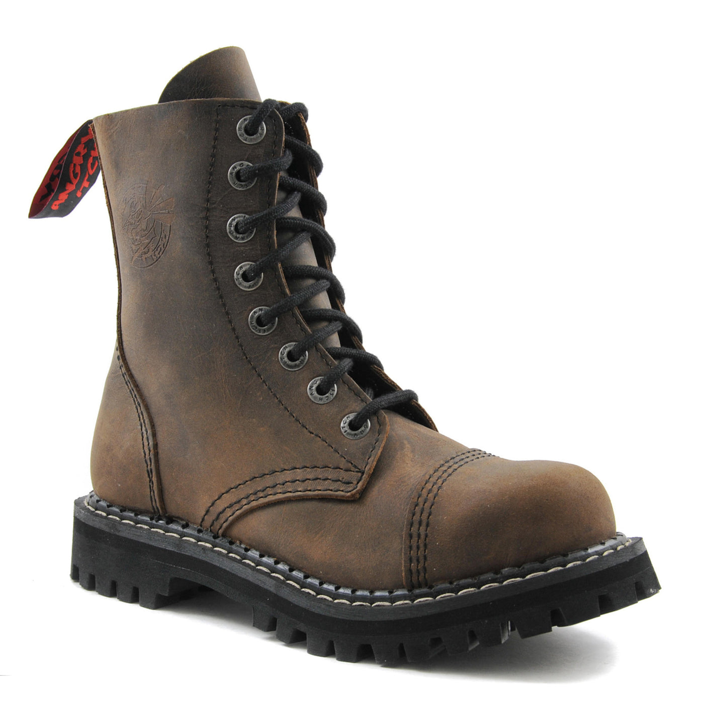 Angry Itch 8 Eyelet Boots with Steel Toe Cap Vintage Brown Leather