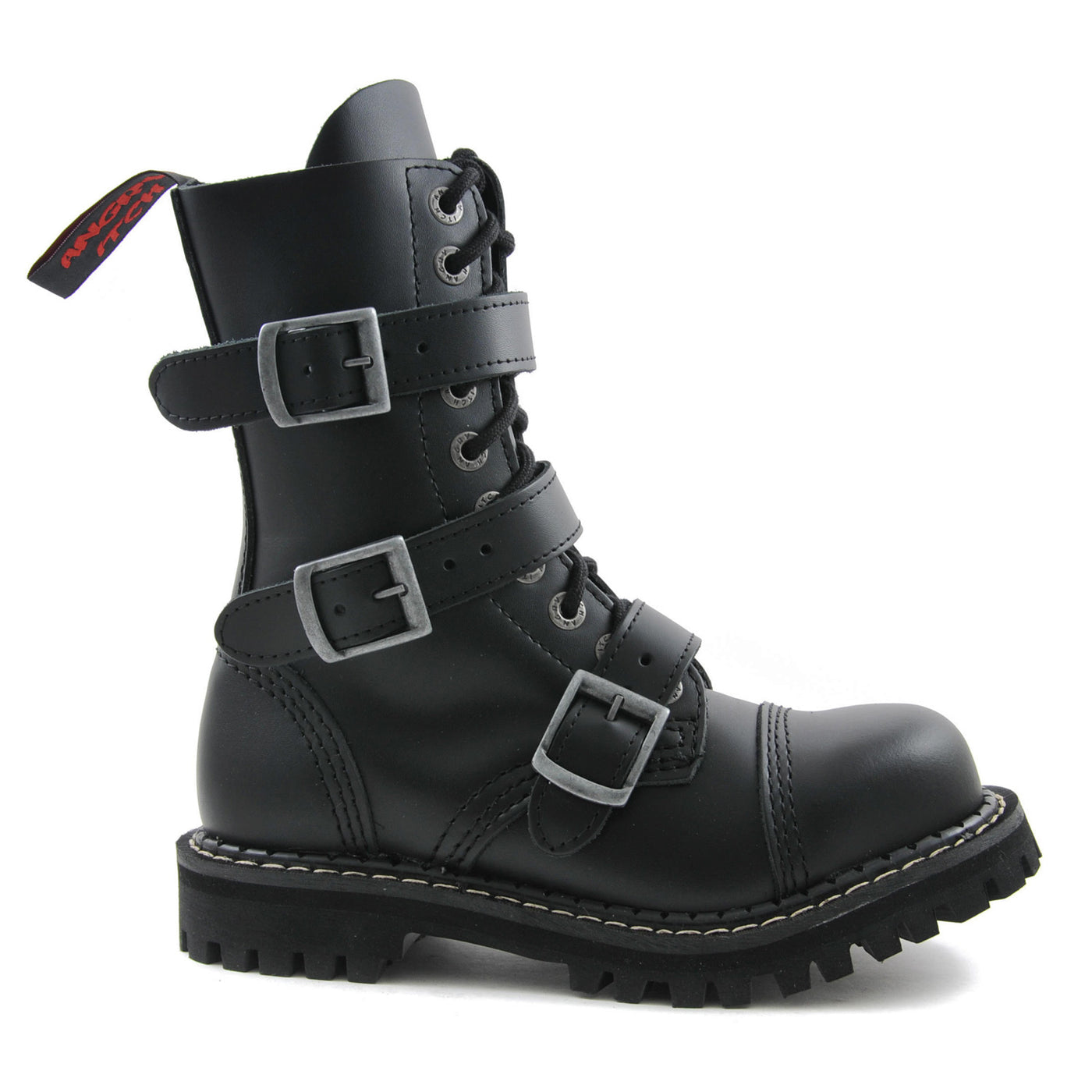 Angry Itch 3 Buckle 10 Hole Boots with Steel Toe Cap Black Leather