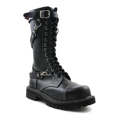 Angry Itch 3 Strap 14 Hole Combat Ranger Boots with Steel Toe Cap Black Leather