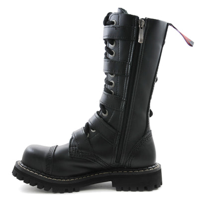 Angry Itch 5 Buckle 14 Hole Combat Ranger Boots with Steel Toe Cap Black Leather