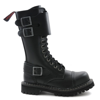 Angry Itch Twin Buckle 14 Hole Combat Ranger Boots with Steel Toe Cap Black Leather