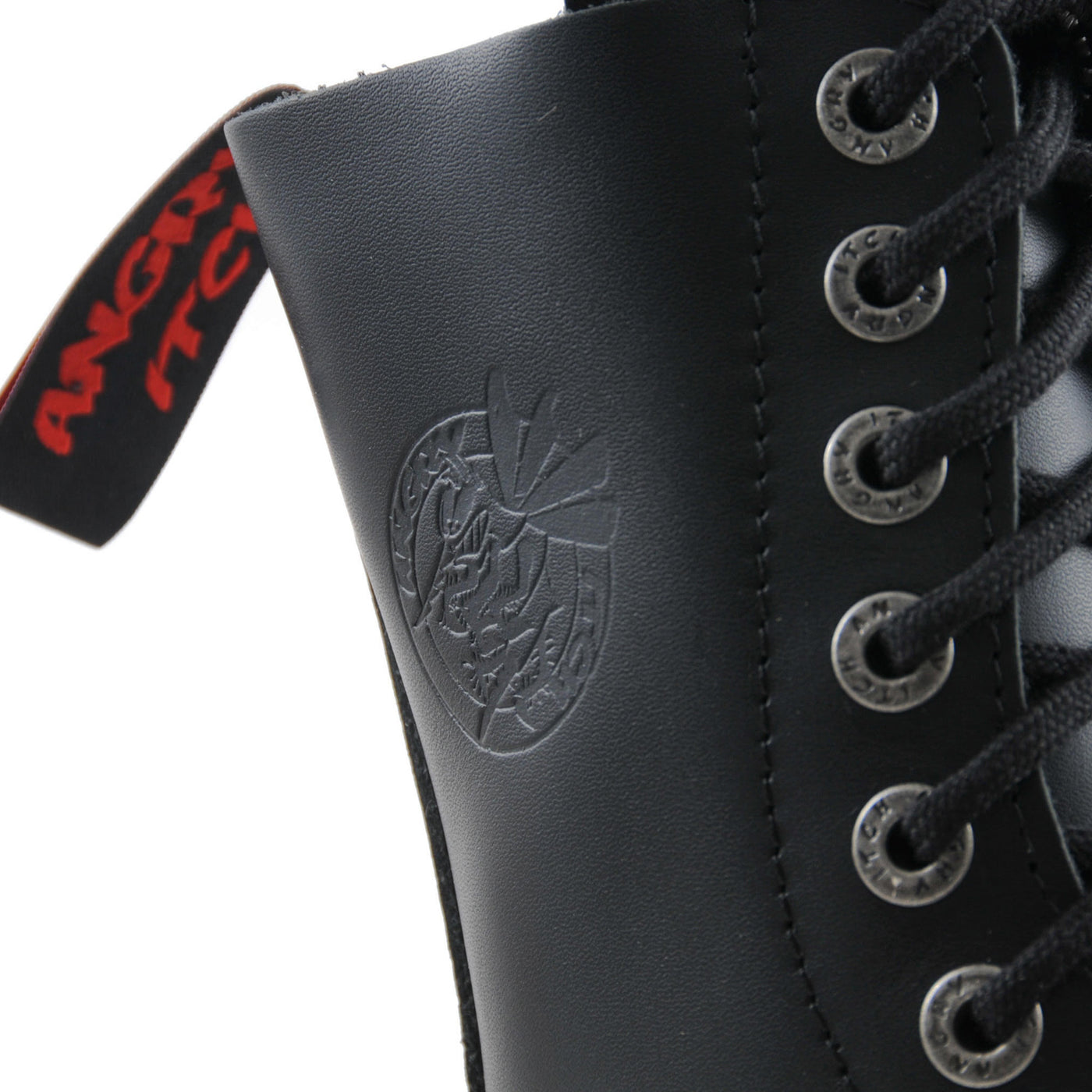 Angry Itch 10 Eyelet Boots with Steel Toe Cap Black Leather logo Closeup