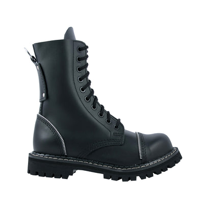Angry Itch 10 Hole Double Zip Boots with Steel Toe Cap Black Leather Side