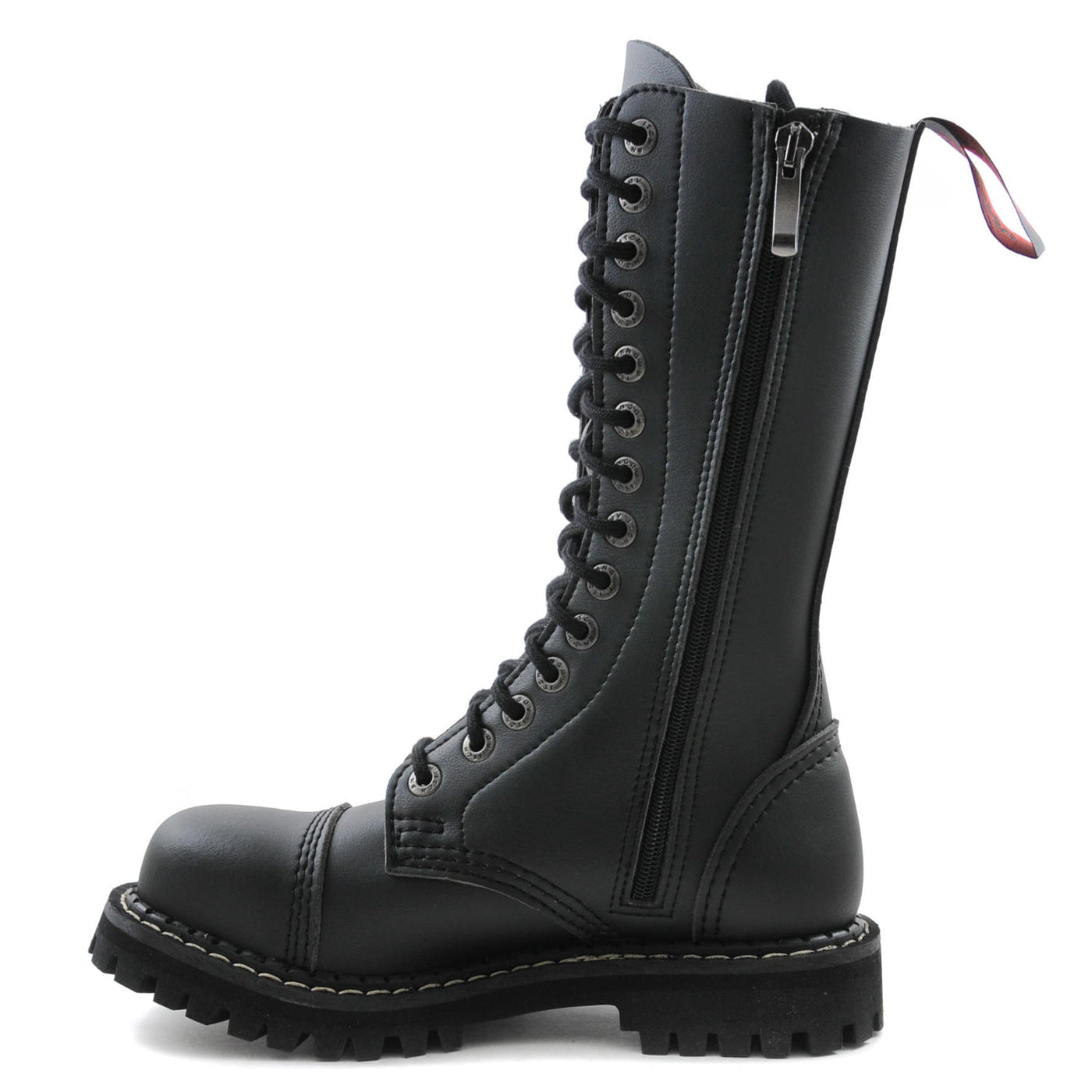Angry Itch 14 Hole Boots with Steel Toe Cap Black PU Vegan Leather left side
