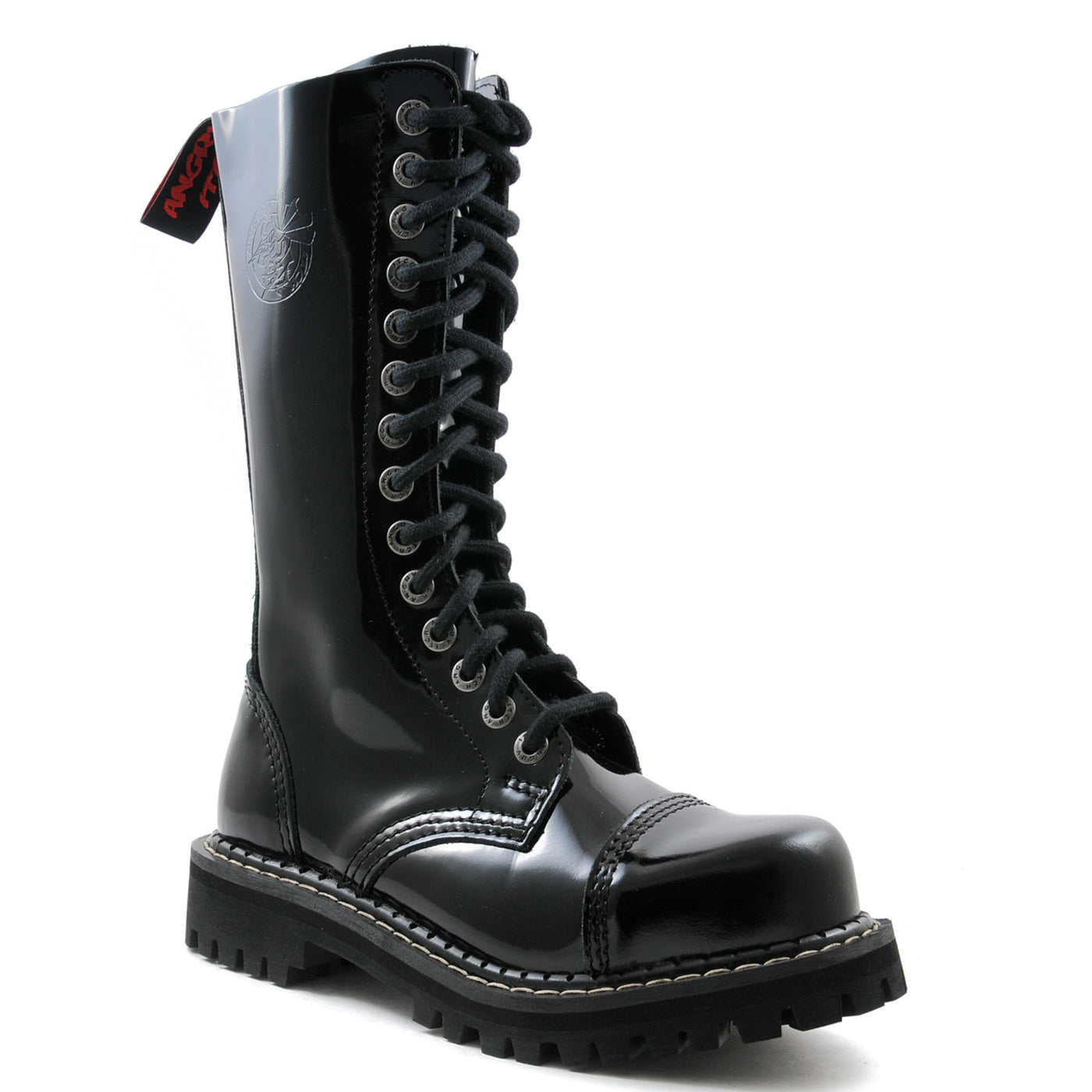 Angry Itch 14 Hole Combat Ranger Boots with Steel Toe Cap Black Patent Leather
