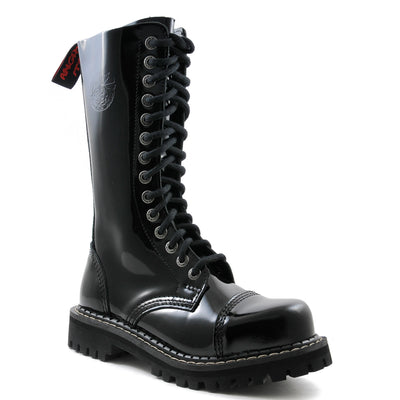 Angry Itch 14 Hole Combat Ranger Boots with Steel Toe Cap Black Patent Leather
