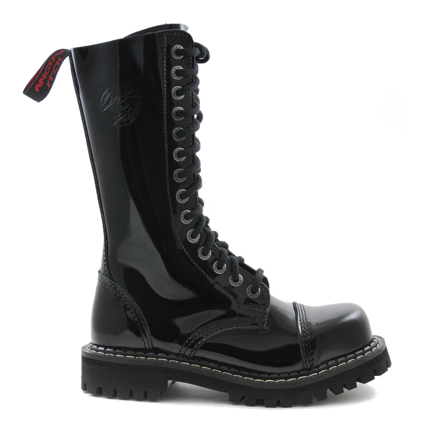 Angry Itch 14 Hole Combat Ranger Boots with Steel Toe Cap Black Patent Leather Right side