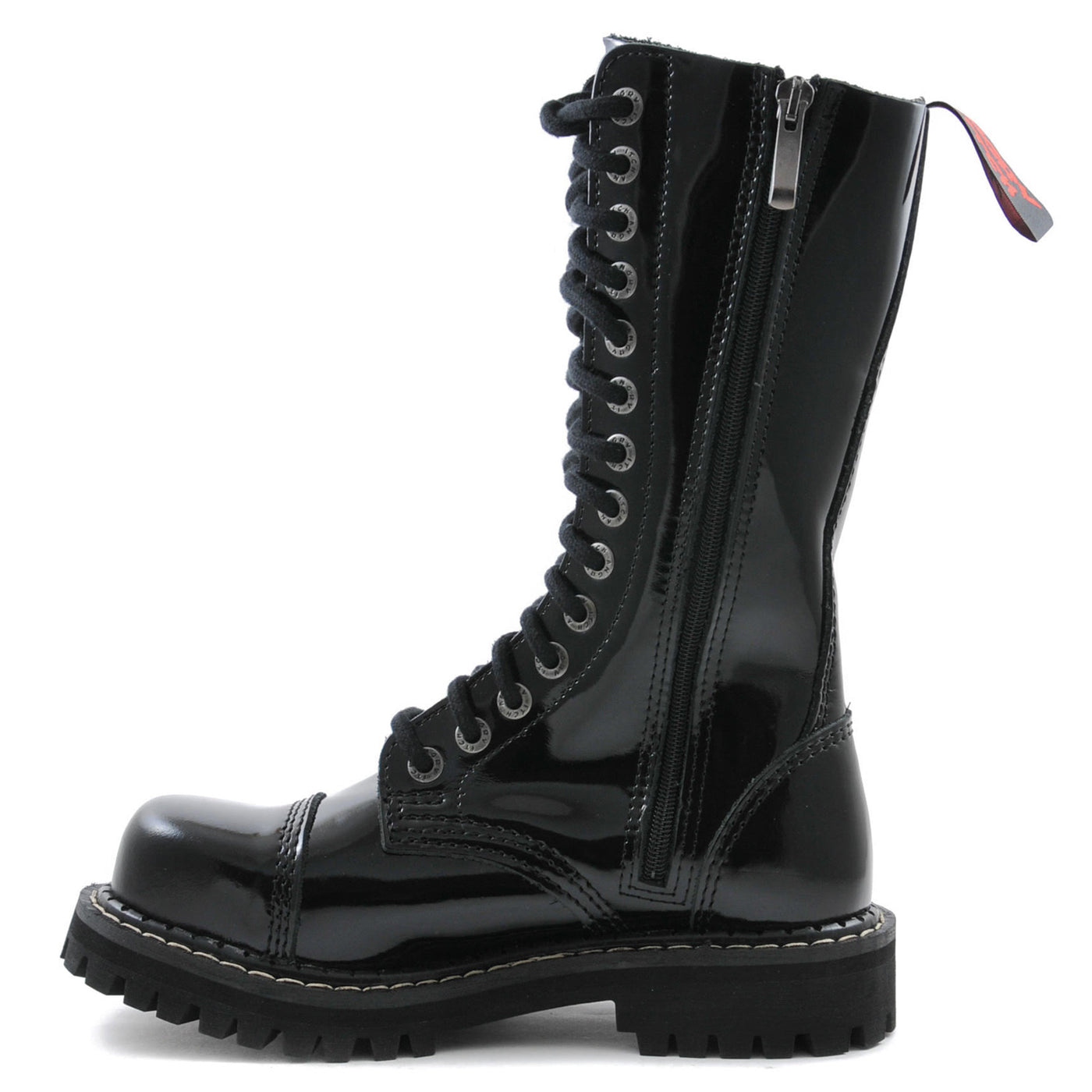 Angry Itch 14 Hole Combat Ranger Boots with Steel Toe Cap Black Patent Leather left side