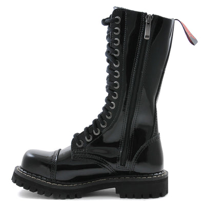 Angry Itch 14 Hole Combat Ranger Boots with Steel Toe Cap Black Patent Leather left side