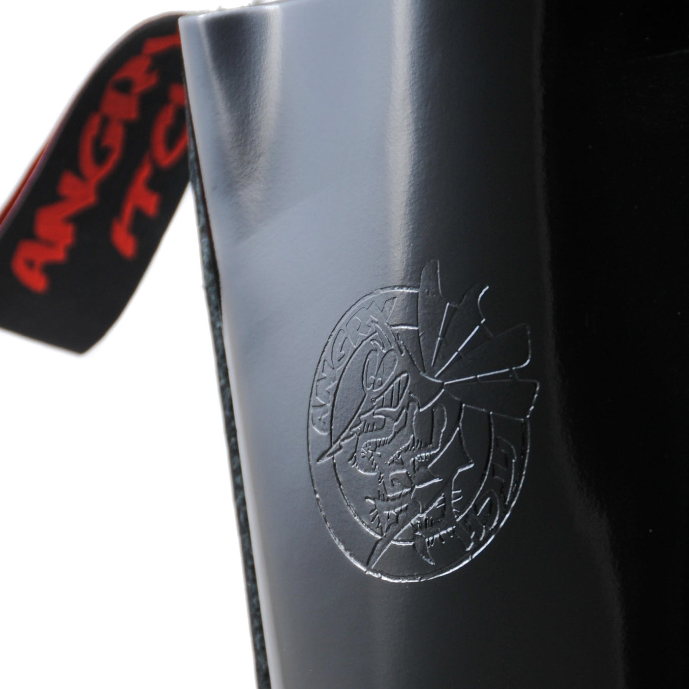 Angry Itch 14 Hole Combat Ranger Boots with Steel Toe Cap Black Patent Leather logo closeup