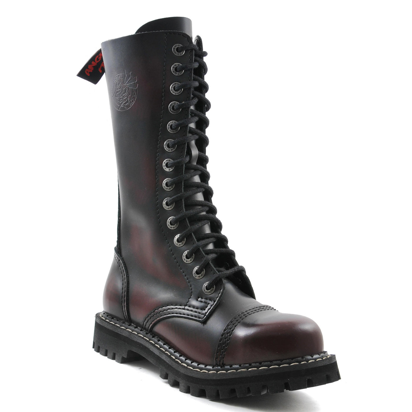 Angry Itch 14 Hole Combat Ranger Boots with Steel Toe Cap Burgundy Rub Off Leather Boots