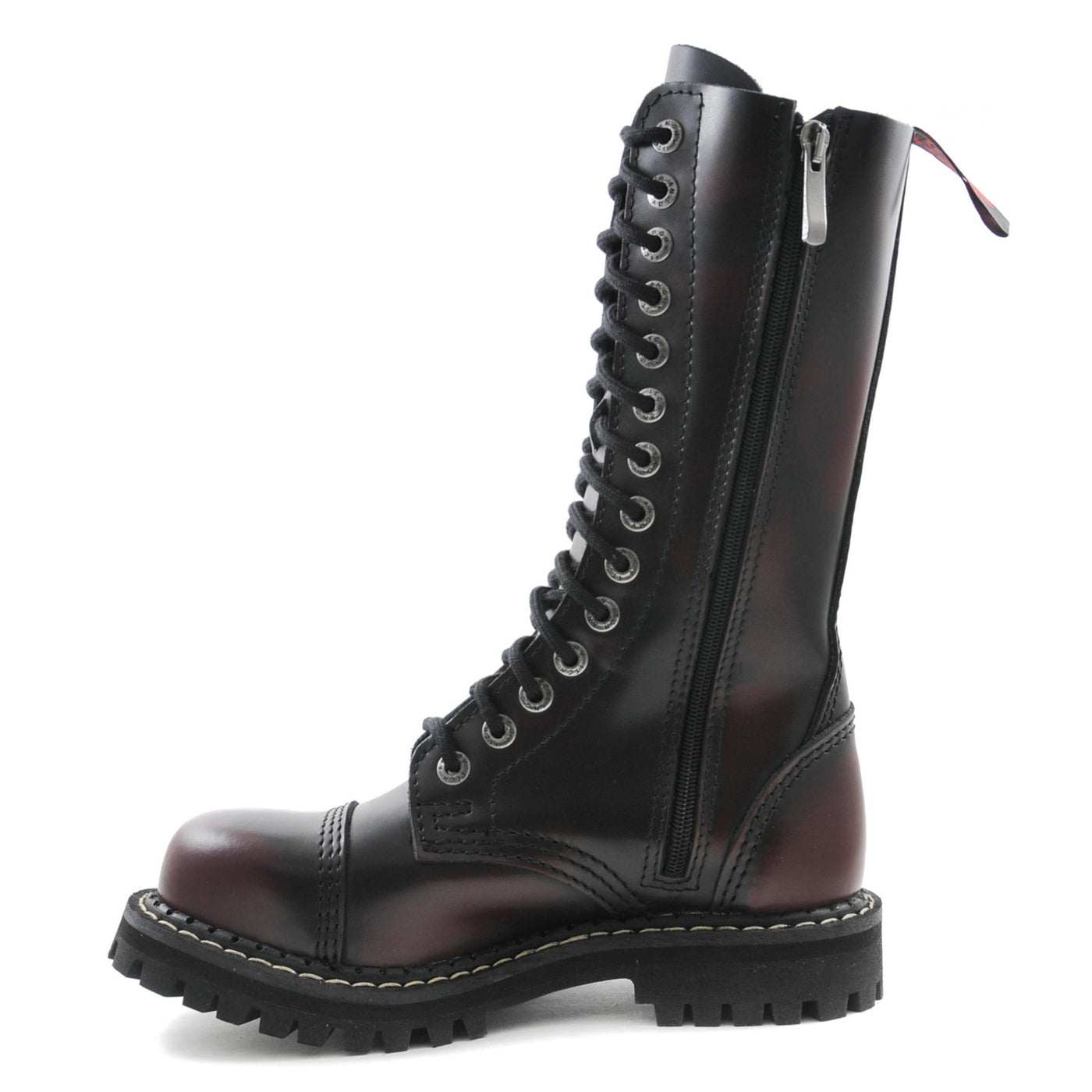 Angry Itch 14 Hole Combat Ranger Boots with Steel Toe Cap Burgundy Rub Off Leather Boots left side