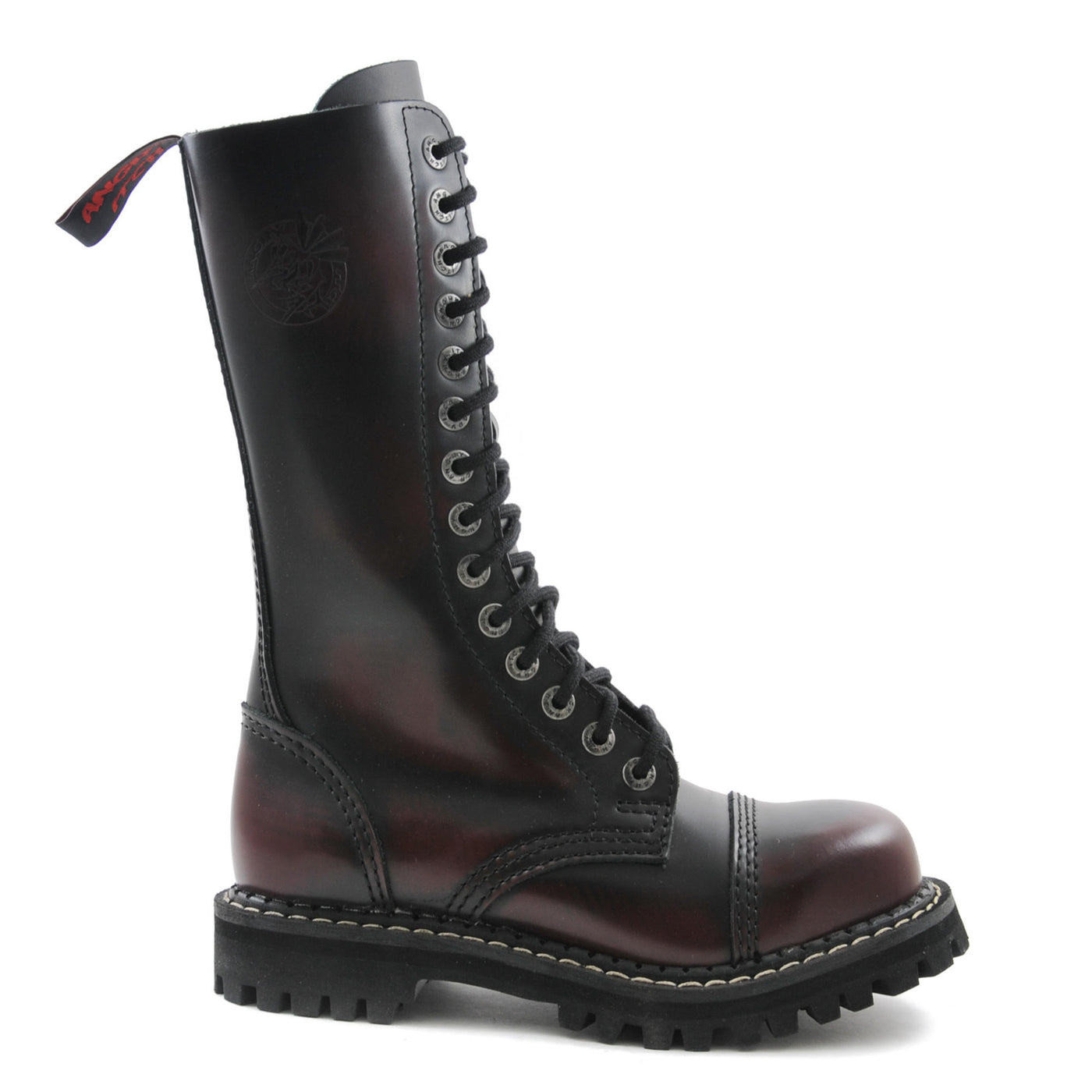Angry Itch 14 Hole Combat Ranger Boots with Steel Toe Cap Burgundy Rub Off Leather Boots right side