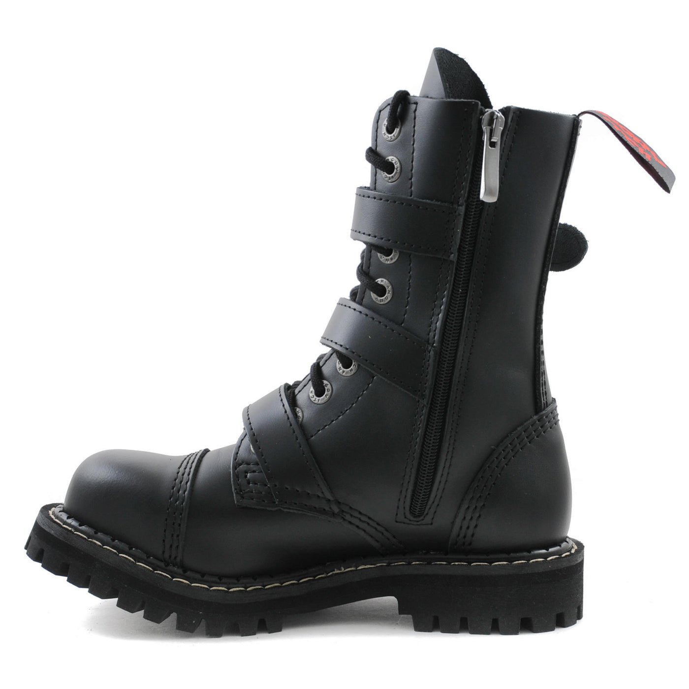 Angry Itch 3 Buckle 10 Hole Boots with Steel Toe Cap Black Leather Side