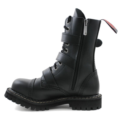 Angry Itch 3 Buckle 10 Hole Boots with Steel Toe Cap Black Leather Side