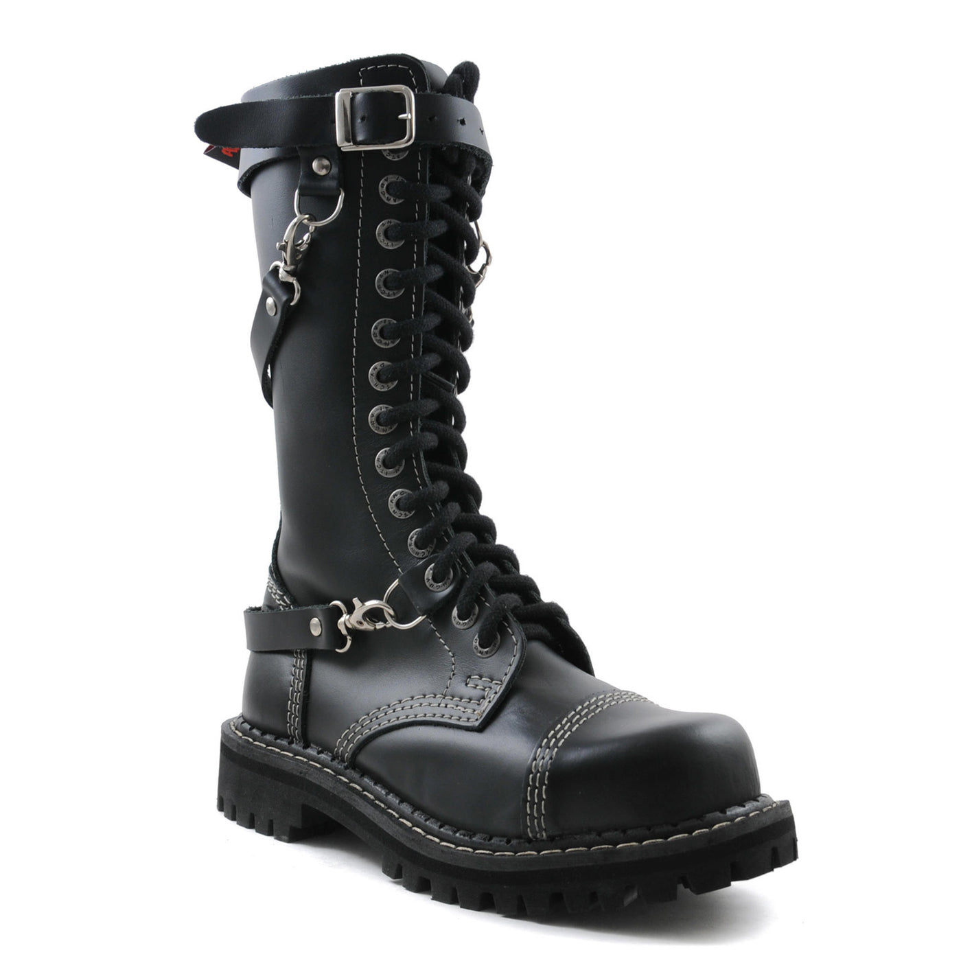 Angry Itch 3 Strap 14 Hole Combat Ranger Boots with Steel Toe Cap Black Leather
