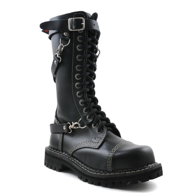 Angry Itch 3 Strap 14 Hole Combat Ranger Boots with Steel Toe Cap Black Leather
