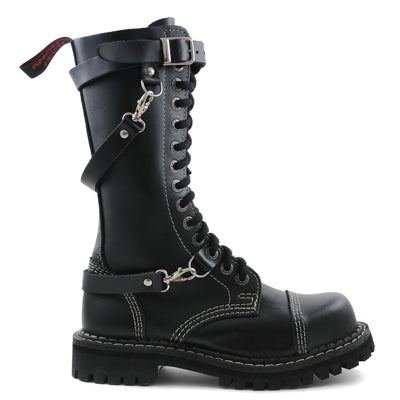 Angry Itch 3 Strap 14 Hole Combat Ranger Boots with Steel Toe Cap Black Leather left side