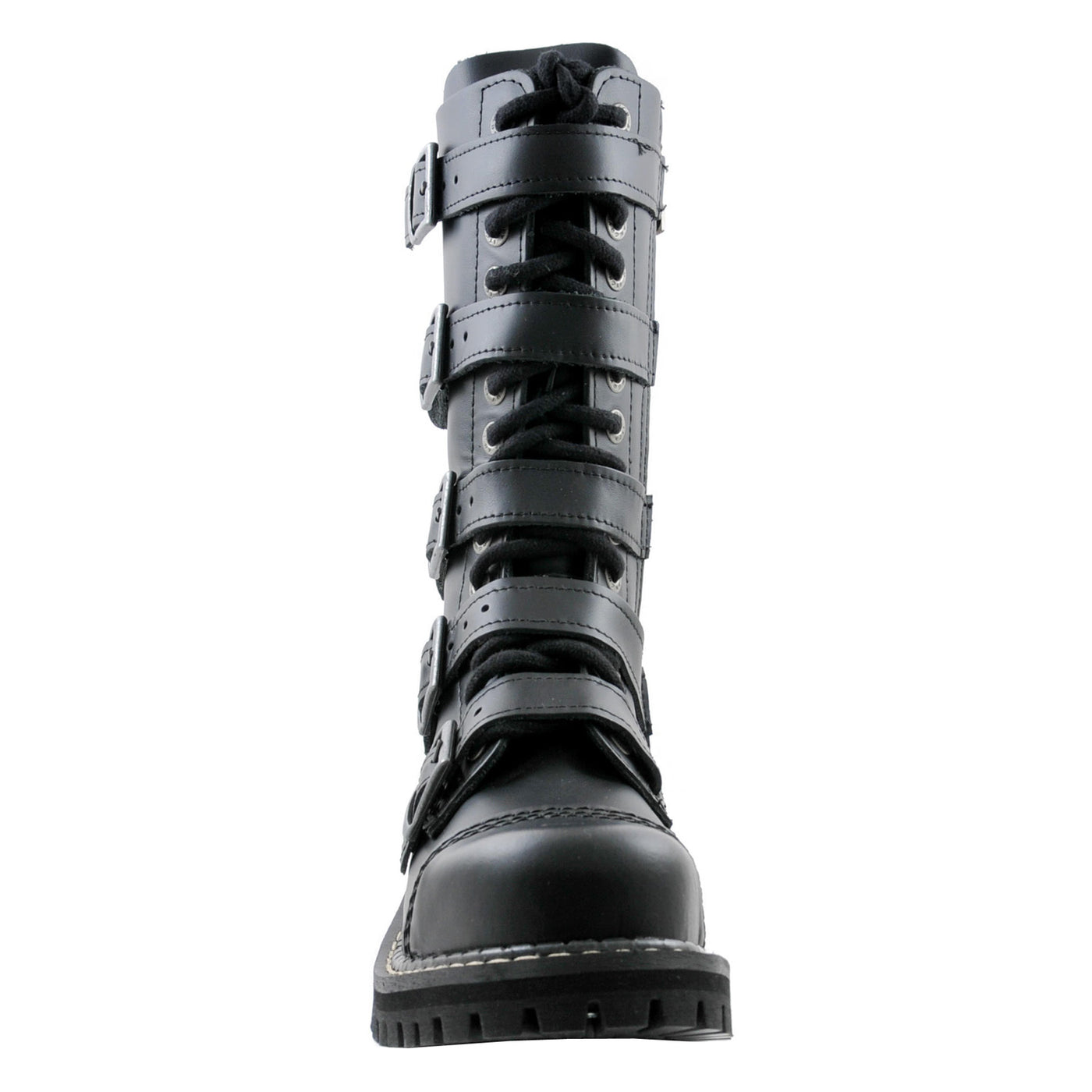 Angry Itch 5 Buckle 14 Hole Combat Ranger Boots with Steel Toe Cap Black Leather Front