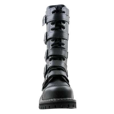 Angry Itch 5 Buckle 14 Hole Combat Ranger Boots with Steel Toe Cap Black Leather Front