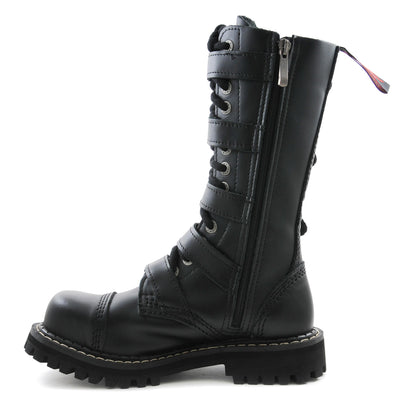 Angry Itch 5 Buckle 14 Hole Combat Ranger Boots with Steel Toe Cap Black Leather left side