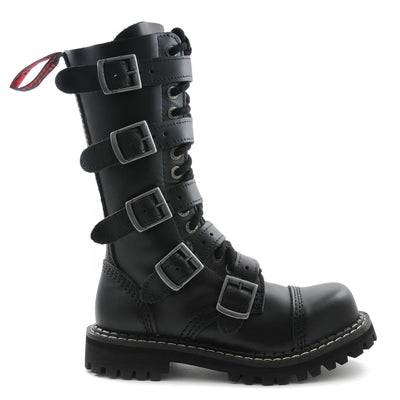 Angry Itch 5 Buckle 14 Hole Combat Ranger Boots with Steel Toe Cap Black Leather right side