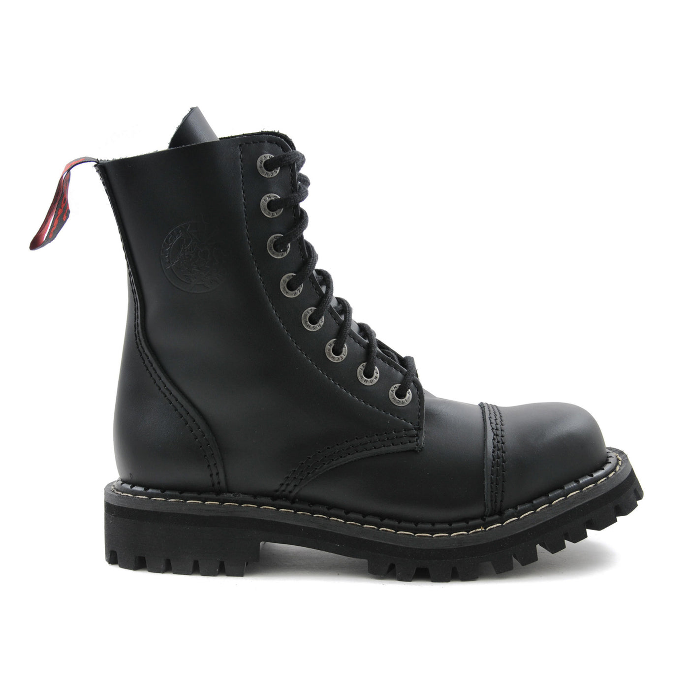 Angry Itch 8 Eyelet Boots with Steel Toe Cap Black Leather Right Side