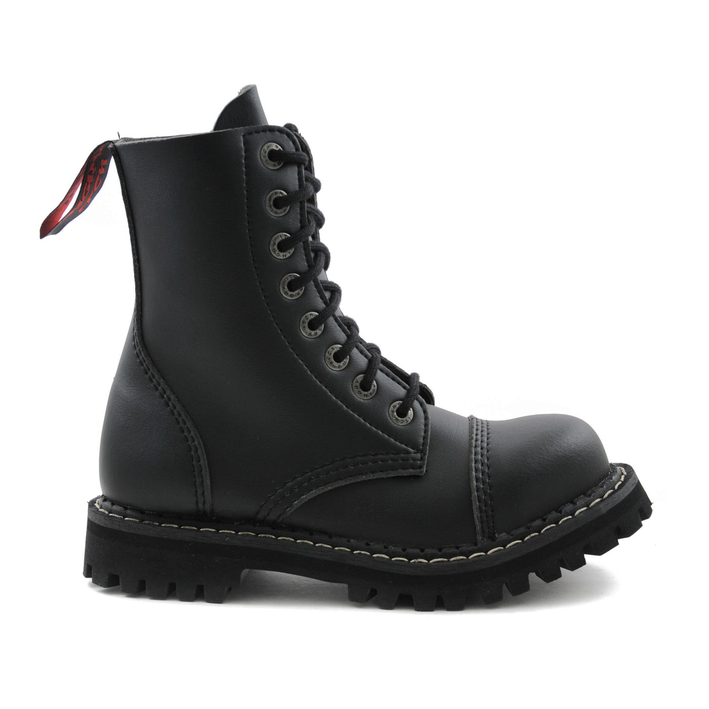 Angry Itch 8 Eyelet Boots with Steel Toe Cap Black PU Vegan Leather Back Right Side