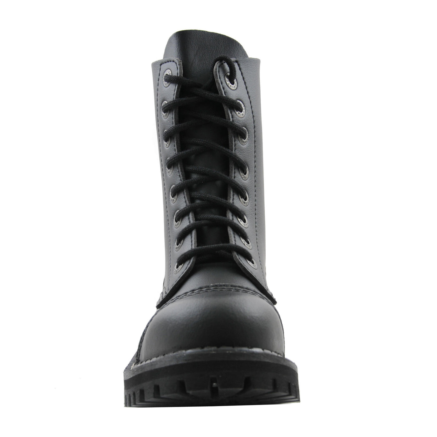 Angry Itch 8 Eyelet Boots with Steel Toe Cap Black PU Vegan Leather Front
