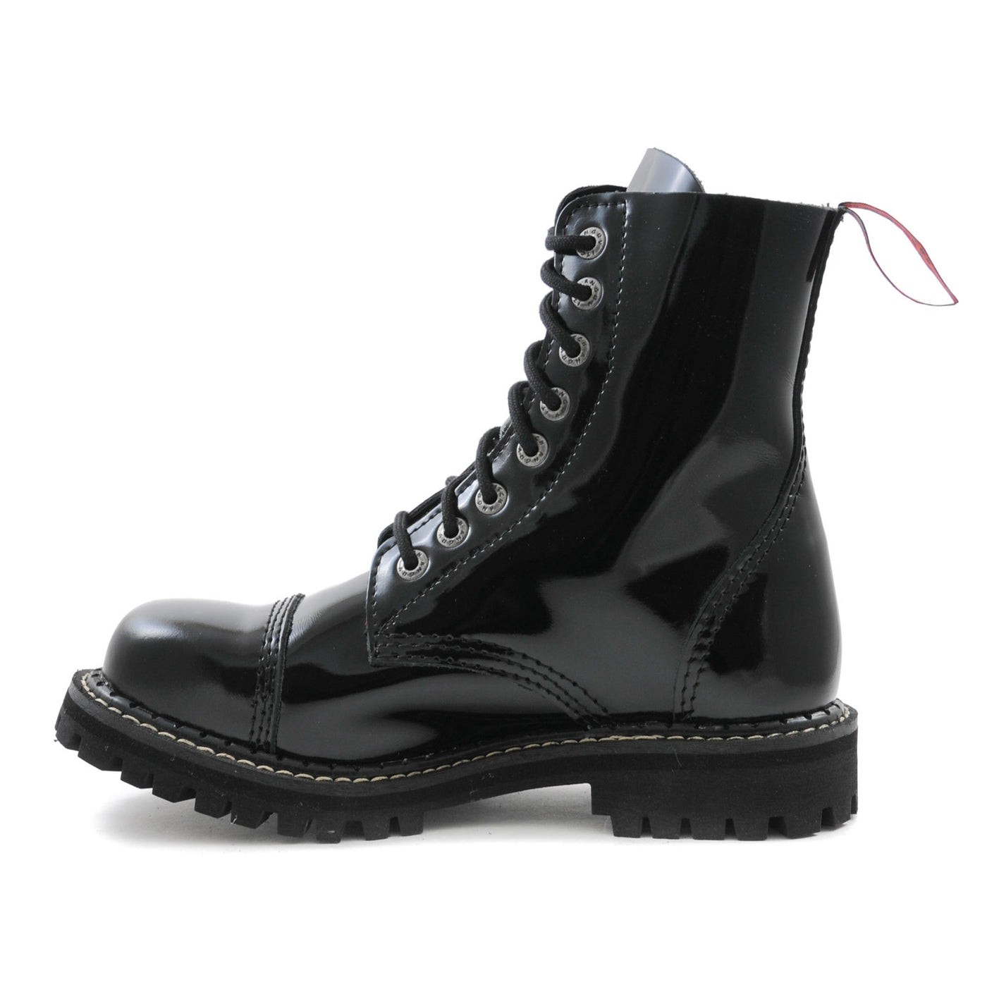 Angry Itch 8 Eyelet Boots with Steel Toe Cap Black Patent Leather Left Side