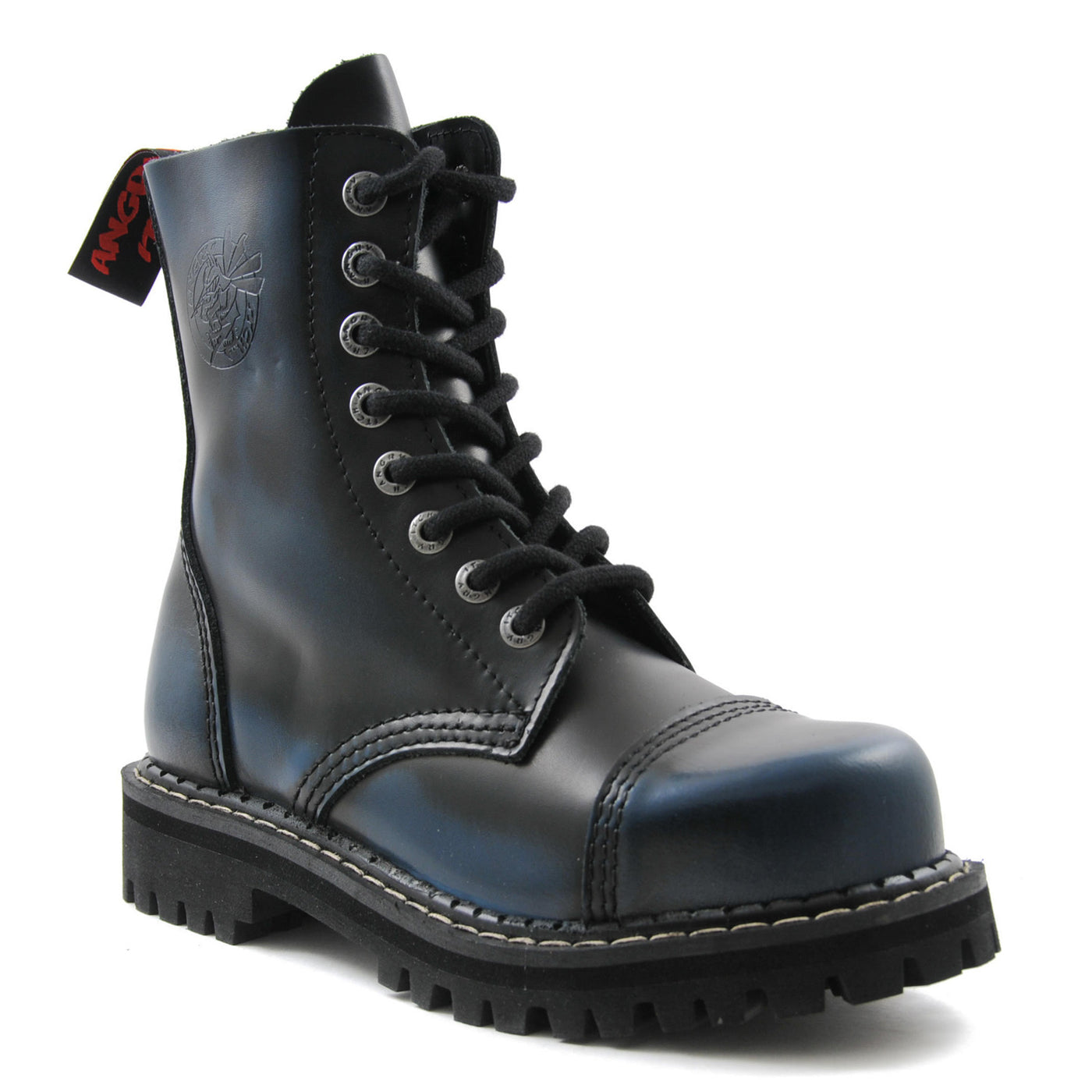 Angry Itch 8 Eyelet Boots with Steel Toe Cap Blue Rub Off Leather
