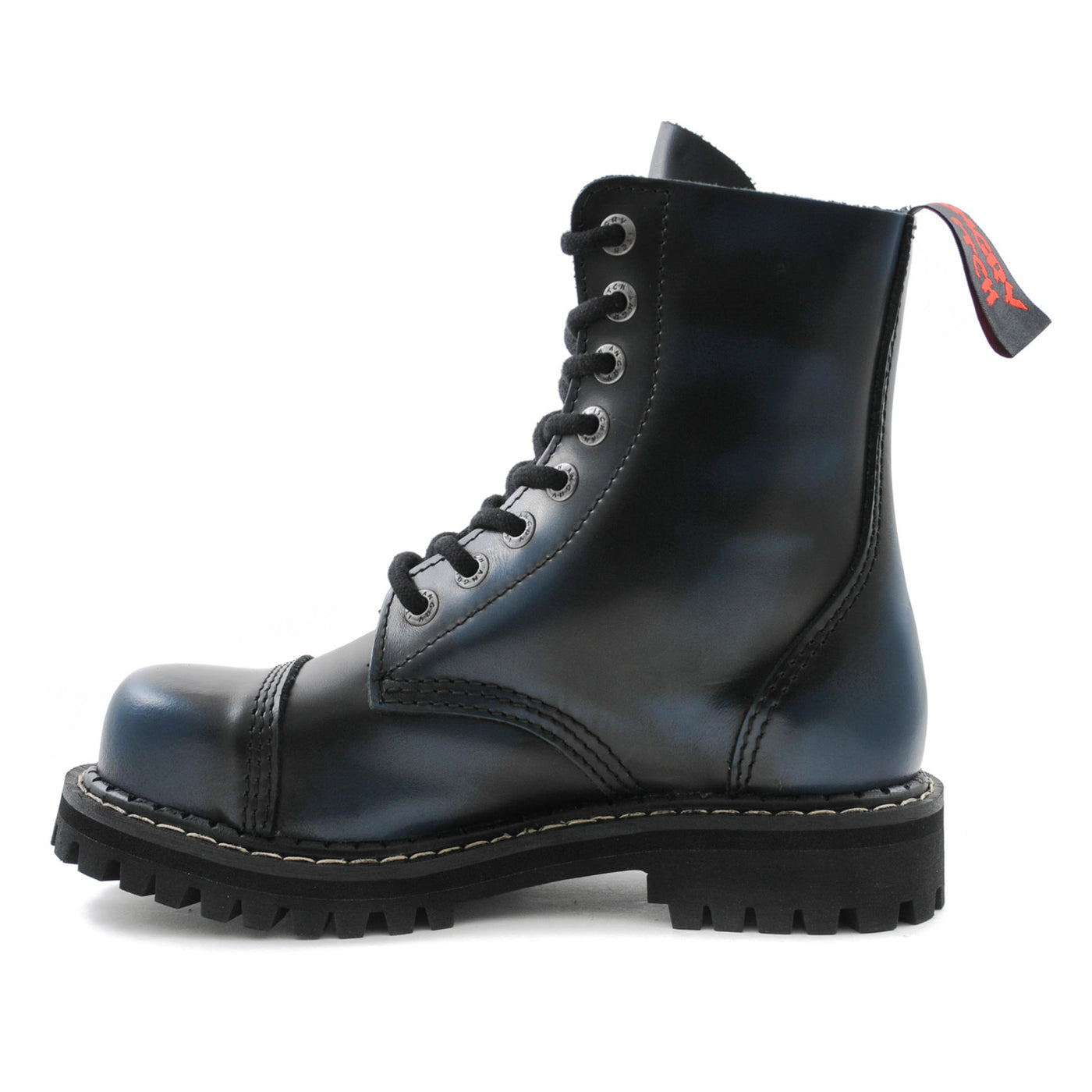 Angry Itch 8 Eyelet Boots with Steel Toe Cap Blue Rub Off Leather Left Side