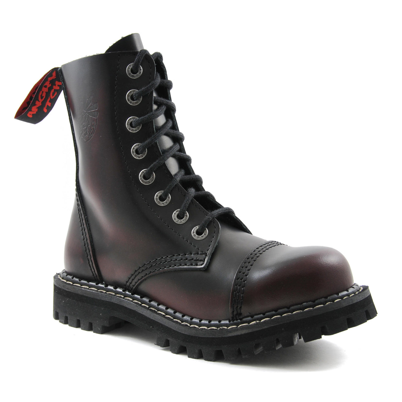 Angry Itch 8 Eyelet Boots with Steel Toe Cap Burgundy Rub Off Leather
