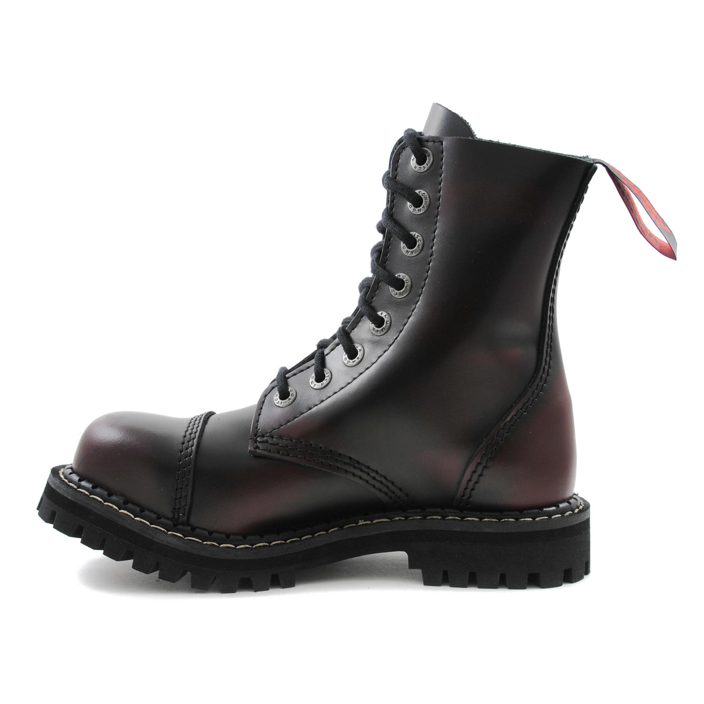 Angry Itch 8 Eyelet Boots with Steel Toe Cap Burgundy Rub Off Leather Left Side