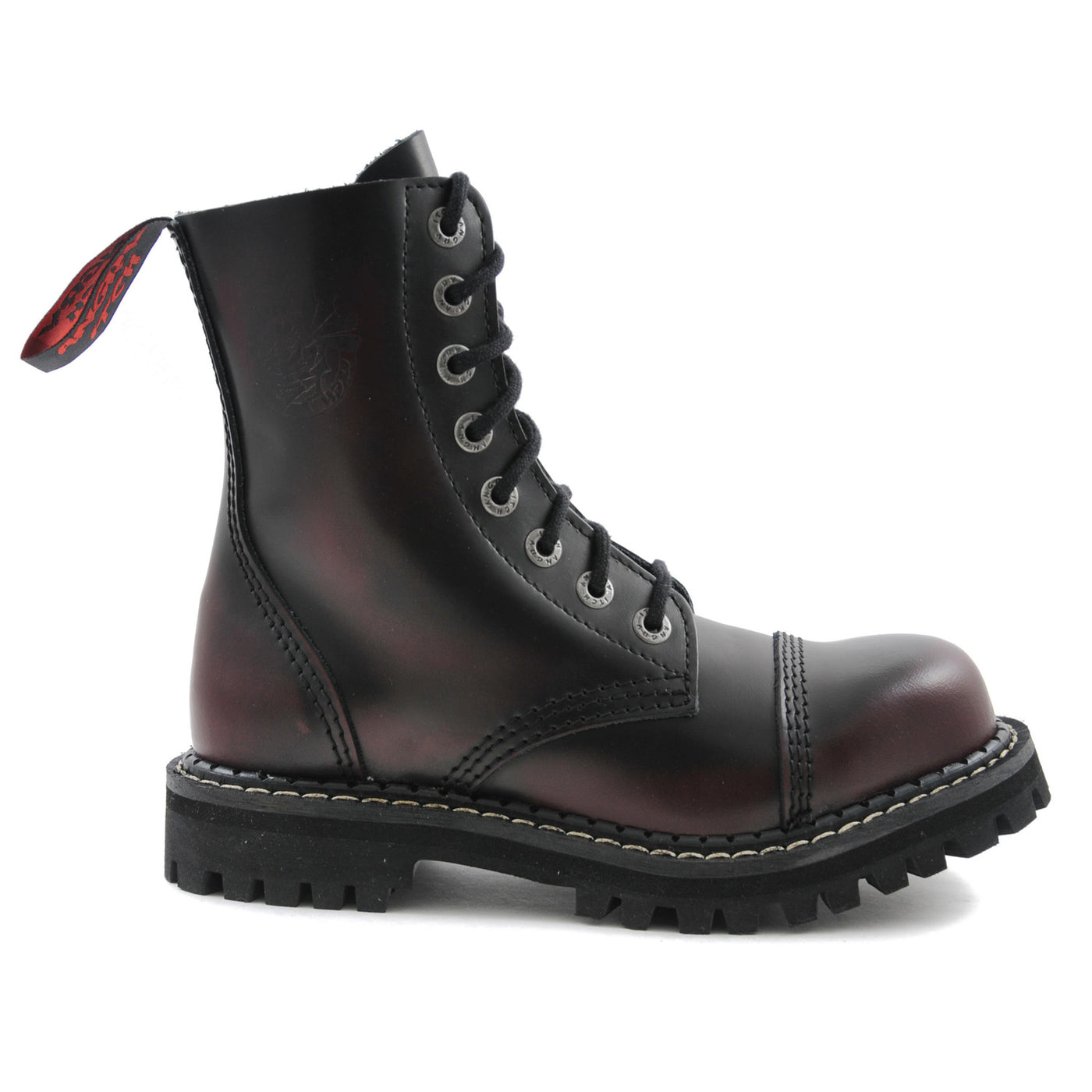 Angry Itch 8 Eyelet Boots with Steel Toe Cap Burgundy Rub Off Leather Right Side