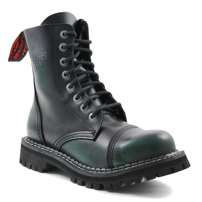 Angry Itch 8 Eyelet Boots with Steel Toe Cap Green Rub Off Leather
