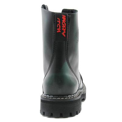 Angry Itch 8 Eyelet Boots with Steel Toe Cap Green Rub Off Leather Back